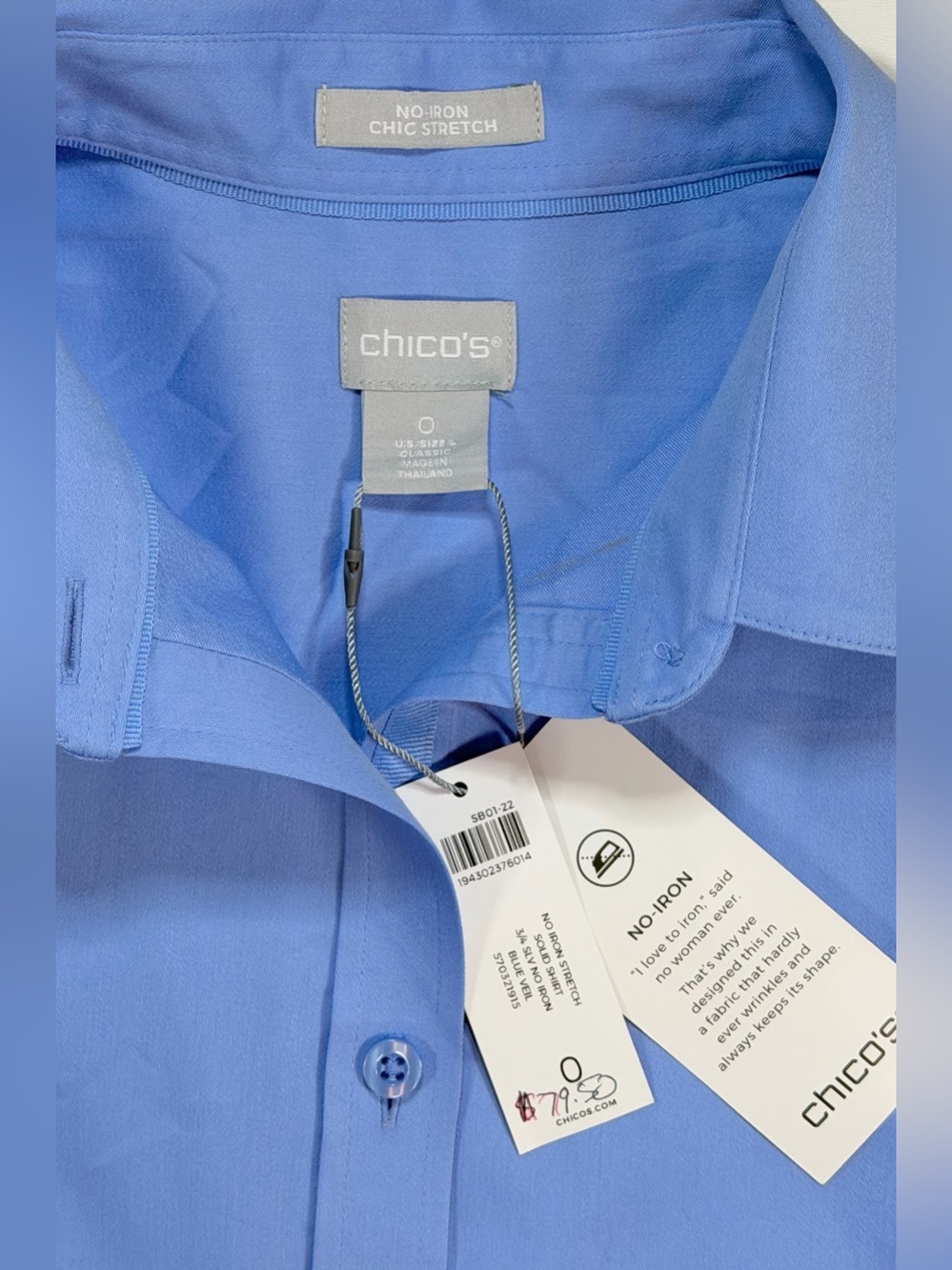 Chico's NO IRON Chic Stretch Shirt Top Blue Button Up 3/4 Sleeve Sz 0 S 4 NWT - Picture 5 of 12